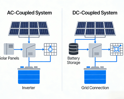 Diagram comparing AC-coupled and DC-coupled inverter battery designs for solar storage systems