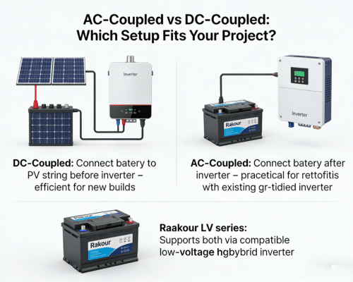 Side-by-side diagram of AC coupled vs DC coupled solar battery storage system topologies for residential installation