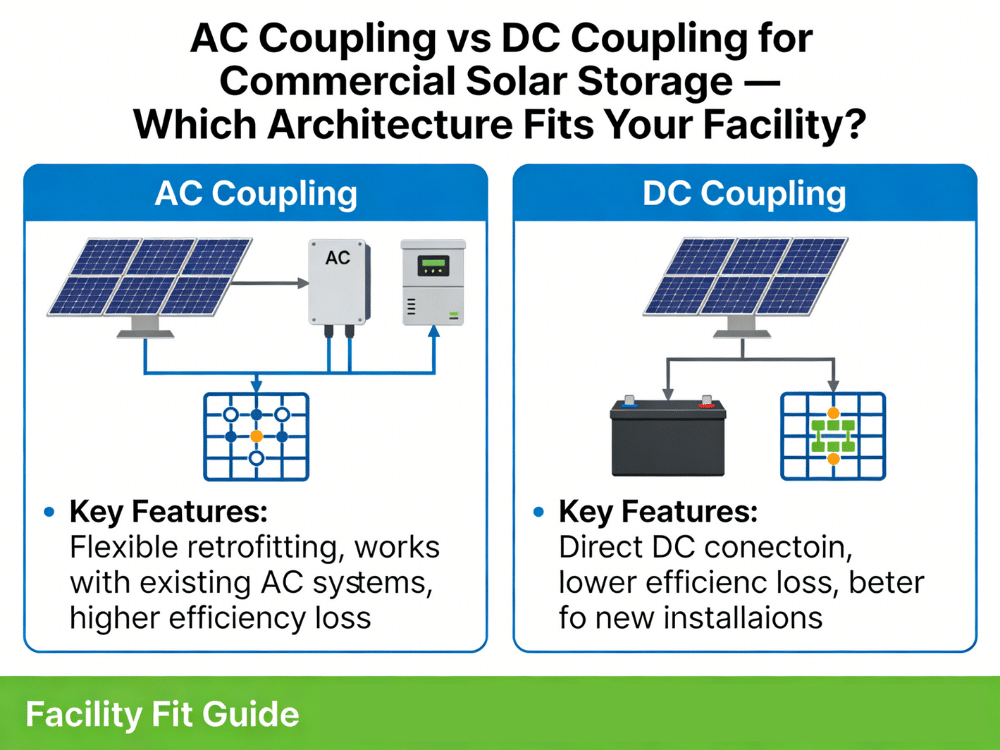 AC coupling vs DC coupling for commercial solar storage showing RakourHV 80-250kWh, efficiency trade-offs, and retrofit vs new-build