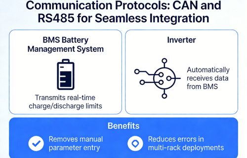 BMS battery management system diagram showing CAN and RS485 communication between Rakour BCU and inverter