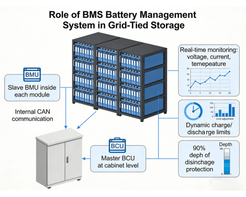 Dual-layer BMS battery management system showing master BCU and slave BMU hierarchy in a Rakour rack battery cabinet