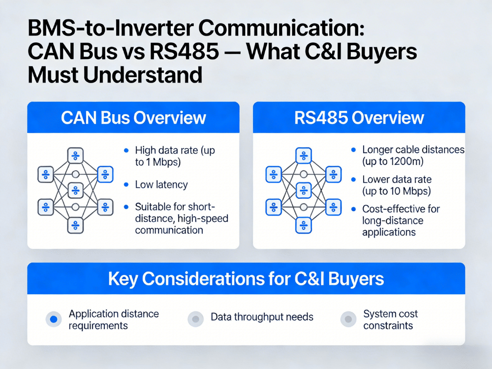 BMS to inverter communication for C&I BESS showing CAN bus vs RS485, protocol matching, DIP switches, and firmware for RakourHV