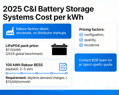 Bar chart comparing cost per kWh of C&I battery storage systems by capacity tier in 2025