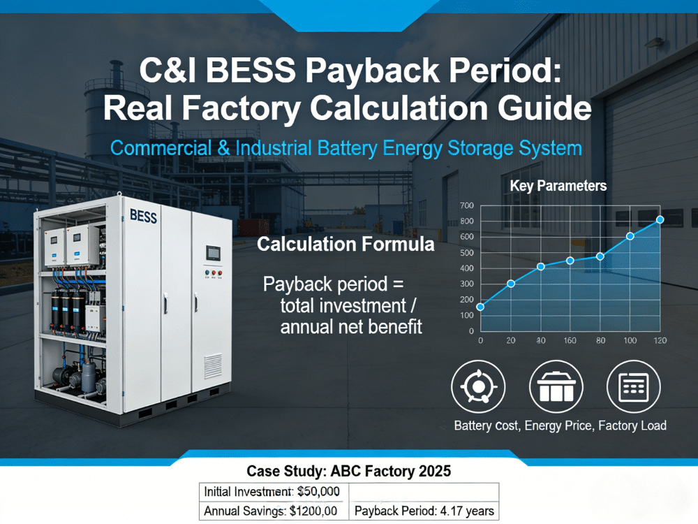 C&I BESS payback period guide showing 80-250kWh systems, demand charge savings, TOU arbitrage and RakourHV modular expansion