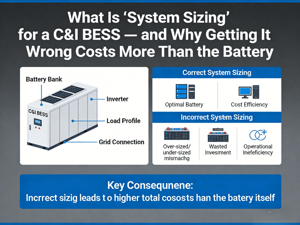 C&I BESS system sizing guide 2026 showing correct vs incorrect sizing, load analysis, voltage and storage duration for RakourHV