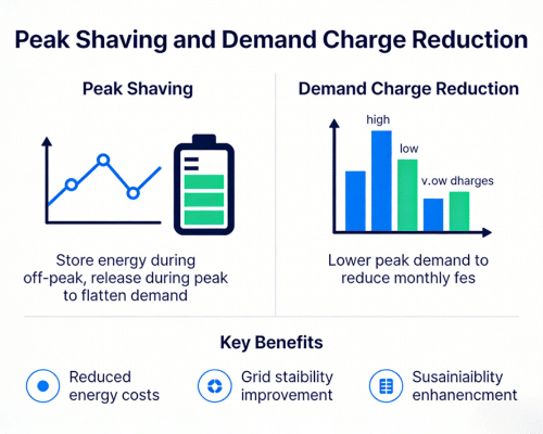 Commercial battery storage system performing peak shaving to reduce demand charges and lower electricity bills for businesses