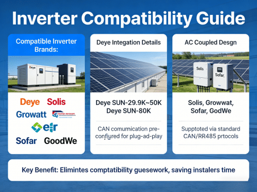 energy storage battery system compatible with Deye Solis Growatt and other inverters using CAN and RS485 communication for plug and play installation
