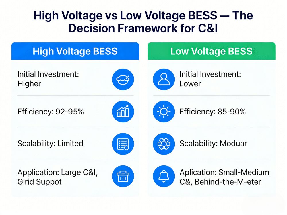High voltage vs low voltage BESS comparison showing current reduction efficiency gains cable cost savings and scalable RakourHV architecture