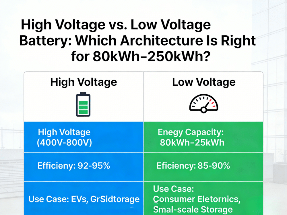 High voltage vs low voltage BESS comparison for 80-250kWh showing RakourHV scaling, cable requirements, and C&I decision framework
