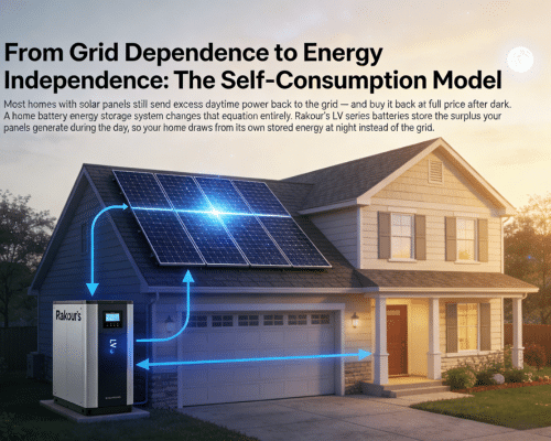 Diagram showing home solar battery storage self-consumption energy flow: solar panels charge battery during day, battery powers home at night