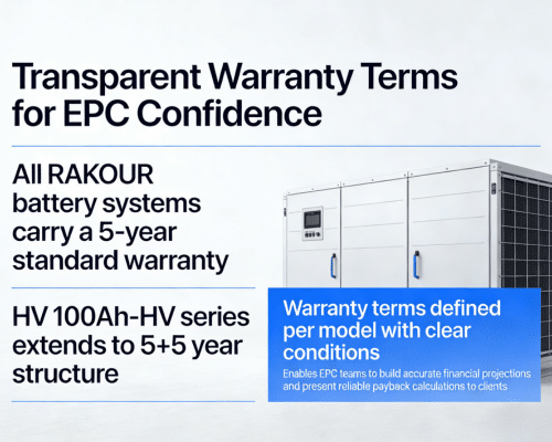 Industrial and commercial energy storage system with highlighted Rakour warranty coverage, showing long-term protection and reliable LiFePO4 battery performance for C&I projects