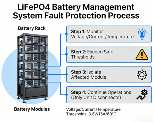 LiFePO4 battery management system triggering automatic fault protection and module isolation on a Rakour rack unit