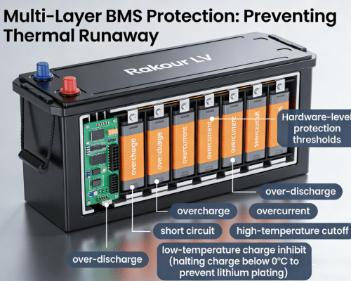 Diagram of LiFePO4 home battery BMS six-layer protection: overcharge, over-discharge, overcurrent, short circuit, high temperature and low temperature cutoff