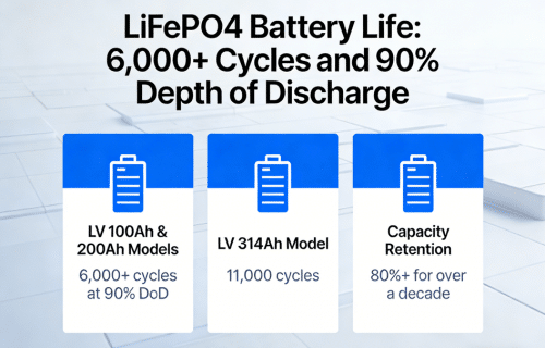 LiFePO4 server rack battery cycle life chart showing 6,000 to 11,000 cycles at 90% depth of discharge