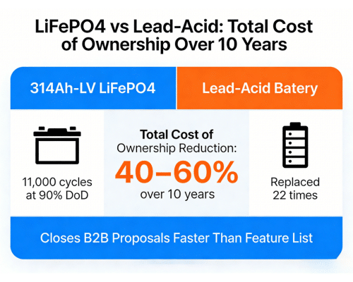 Bar chart comparing LiFePO4 battery total cost of ownership versus lead-acid over 10 years, showing 40–60% cost reduction