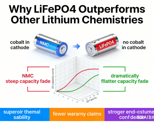 Comparison table of LiFePO4 vs lithium ion NMC battery chemistry showing cycle life, thermal stability and safety ratings
