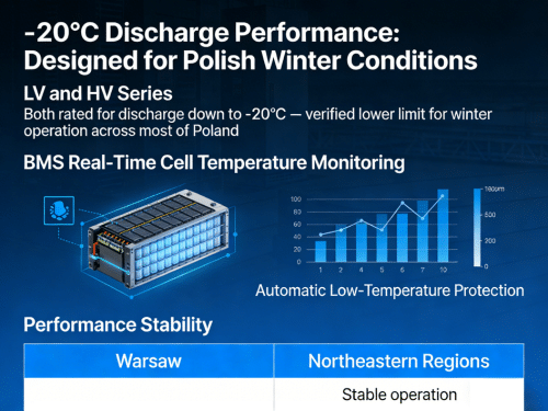 energy storage battery operating at minus 20 degrees Celsius with BMS temperature monitoring ensuring stable performance in Poland winter conditions