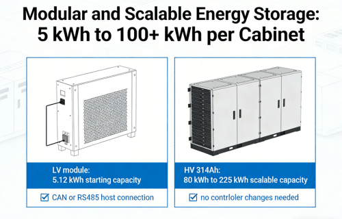 Modular Rakour server rack battery scaled from a 5.12 kWh LV module to a 225 kWh HV parallel cluster
