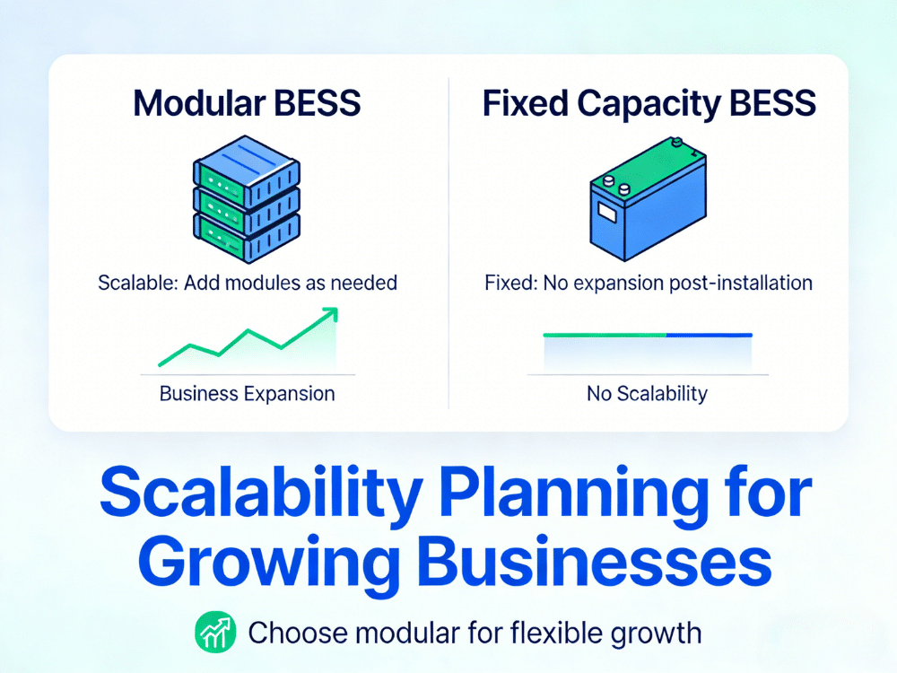 Modular vs fixed capacity BESS comparison for C&I showing RakourHV scalability, staged investment, cost, and ROI benefits