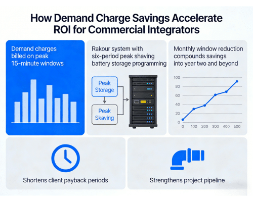 Monthly savings timeline showing Rakour peak shaving battery storage reducing demand charges each billing cycle