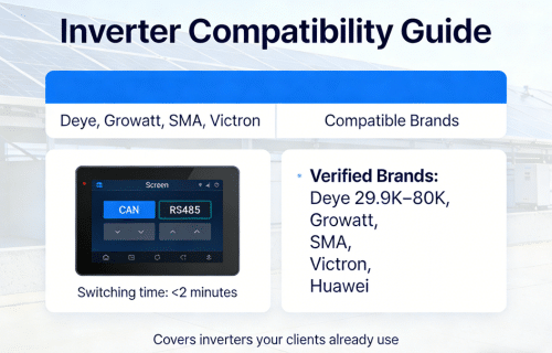 Rack battery inverter compatibility diagram showing CAN and RS485 links to Deye, Growatt, SMA, Victron and Huawei