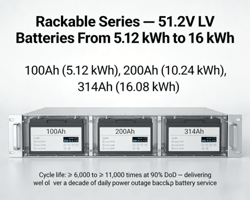 RAKOUR 51.2V rackable LV LiFePO4 battery series from 5.12 kWh to 16 kWh for home backup