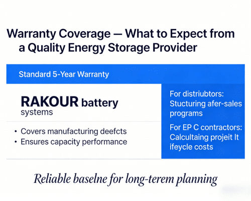 Table showing RAKOUR battery models from 100Ah to 314Ah with cycle life from 6000 to 11000 and daily use years