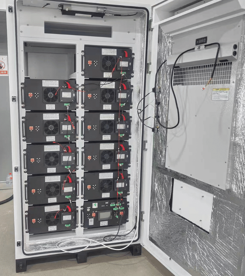 Diagram of a RAKOUR battery energy storage system showing LiFePO4 modules, BMS, BCU, and inverter communication interface