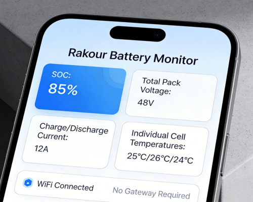 Rakour battery monitoring system mobile app showing real-time SOC, voltage and temperature data