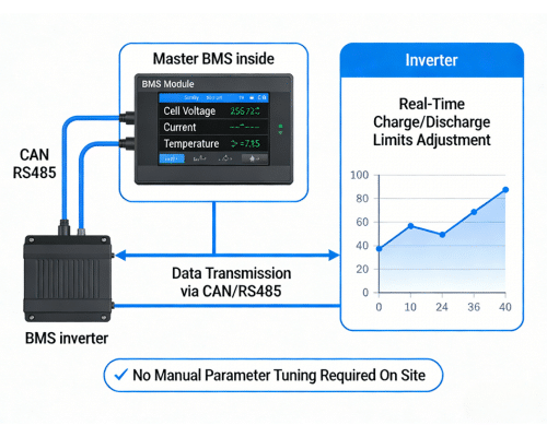 Rakour BMS battery management system transmitting real-time data to inverter via CAN and RS485