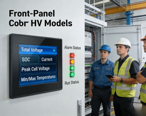 Rakour BMS touch screen displaying live voltage and SOC data with status indicator lights during on-site installation