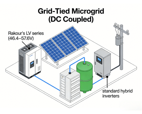 Rakour DC coupled microgrid BESS with LiFePO4 battery and solar PV integration for grid-tied off-grid solar system