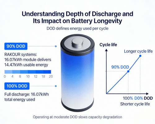 Infographic showing RAKOUR battery 90% depth of discharge with 16.07kWh total and 14.47kWh usable energy