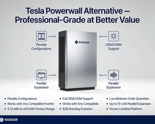 Rakour LiFePO4 home battery system offering a Tesla Powerwall alternative for solar storage