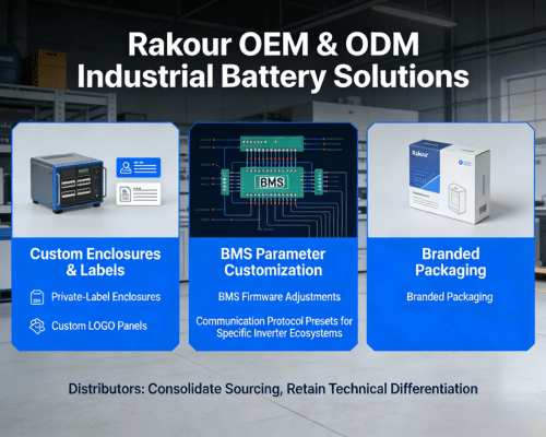 Rakour industrial battery OEM and ODM customization showing private label enclosure and branded BMS parameters