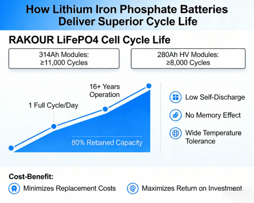 Chart comparing RAKOUR LiFePO4 battery cycle life across 100Ah to 314Ah models ranging from 6000 to 11000 cycles