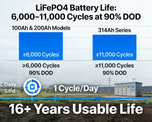Rakour LiFePO4 battery life chart showing 6000 to 11000 cycles at 90% DOD for off-grid solar system deployments