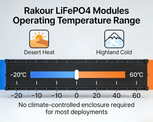 Rakour LiFePO4 battery operating temp range from minus 20°C to 60°C for harsh off-grid and microgrid environments