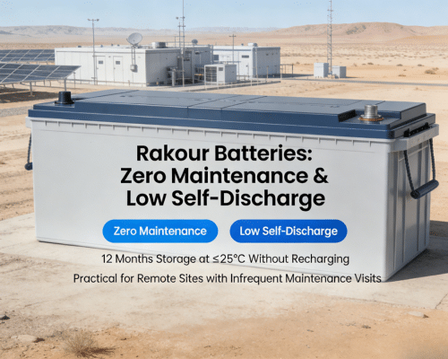 Rakour LiFePO4 off-grid battery with low self-discharge stored up to 12 months without recharging for remote sites