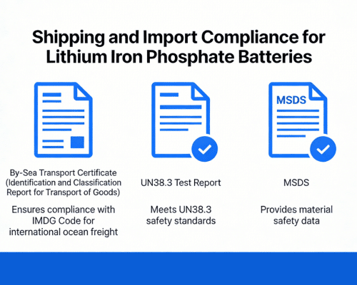 RAKOUR lithium iron phosphate battery shipping document set including UN38.3 report MSDS and by-sea transport certificate