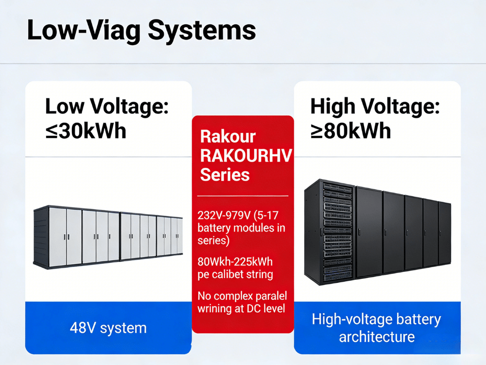 Comparison of low voltage 48V and high voltage 232V-979V RakourHV battery systems for 30kWh to 225kWh storage