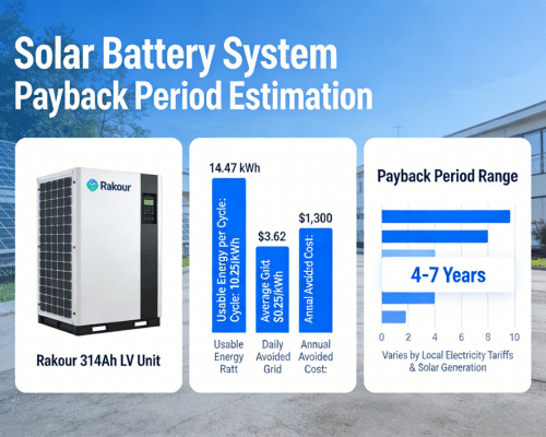 Infographic showing Rakour LV 314Ah solar battery system estimated payback period based on daily kWh savings