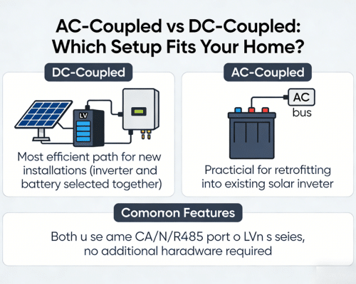 AC-coupled vs DC-coupled wiring diagram for Rakour LV home battery backup with hybrid solar power inverter