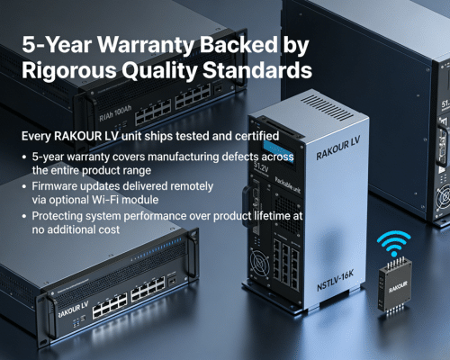 RAKOUR LV home battery backup system with 5-year warranty and rigorous quality certification