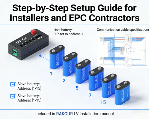 RAKOUR LV battery DIP switch BMS address setup guide for EPC installers and residential projects