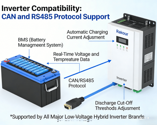 Wiring diagram showing Rakour LV battery CAN and RS485 protocol communication connection to low-voltage hybrid inverter