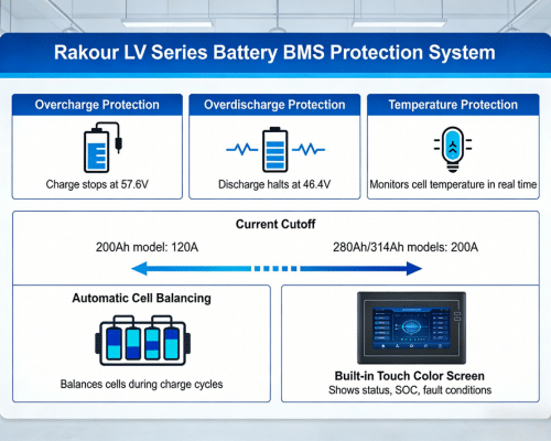 Rakour LV battery management system showing multi-level BMS overcharge overdischarge and temperature protection circuit