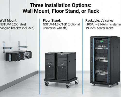 RAKOUR LV battery three installation options wall mount floor stand and server rack for home backup