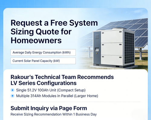 Rakour LV home solar battery sizing guide showing daily energy consumption input form and recommended system configuration