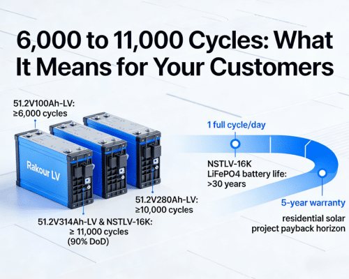 Bar chart showing Rakour LV LiFePO4 battery life by model: 100Ah at 6,000 cycles, 280Ah at 10,000 cycles, 314Ah at 11,000 cycles at 90% DoD